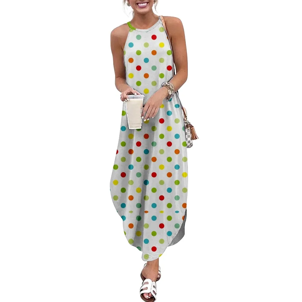 

Polka dots Style Casual Short Sleeve Camisole Dress Loose Long Double Pocket Beach Resort Dresses Women