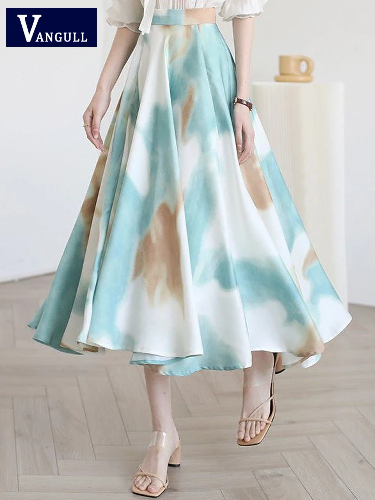 

Vangull винтажная зеленая юбка с принтом, женские летние новые юбки с высокой талией и тонкой молнией, женские пляжные юбки А-силуэта с большим ...