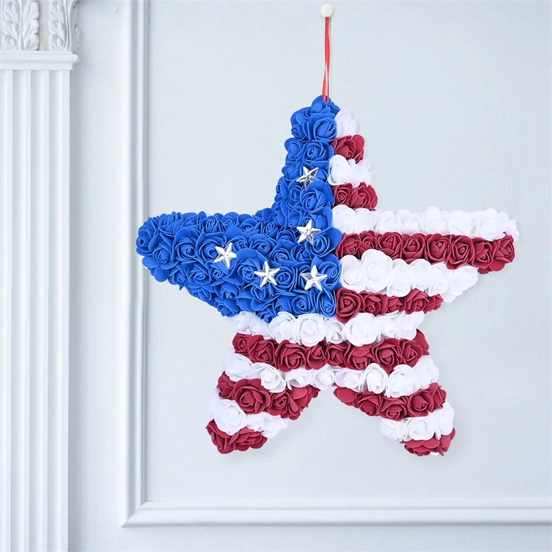 

Star Shape Artificial Flowers Wreath American Independence Day Hanging Patriotic Ornament Front Door Party Wall Home Decoration