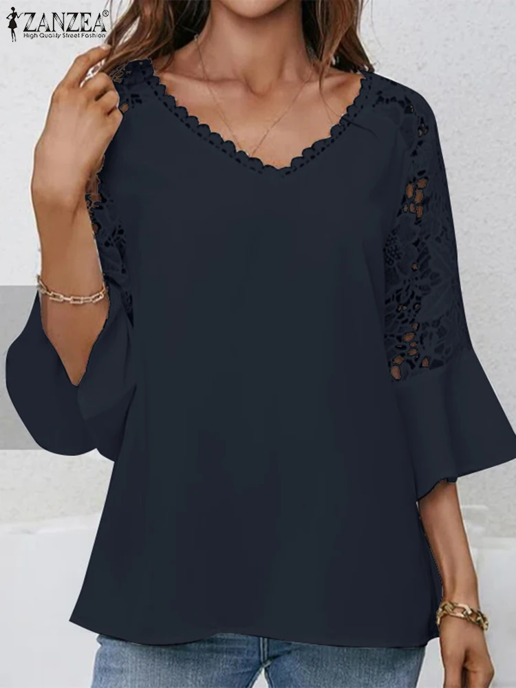 

ZANZEA Femme Casual Elegant Tops Summer Woman Lace Patchwork Blouse V-Neck Flare Sleeve Tops Holiday Beach Chemise 2023 Oversize