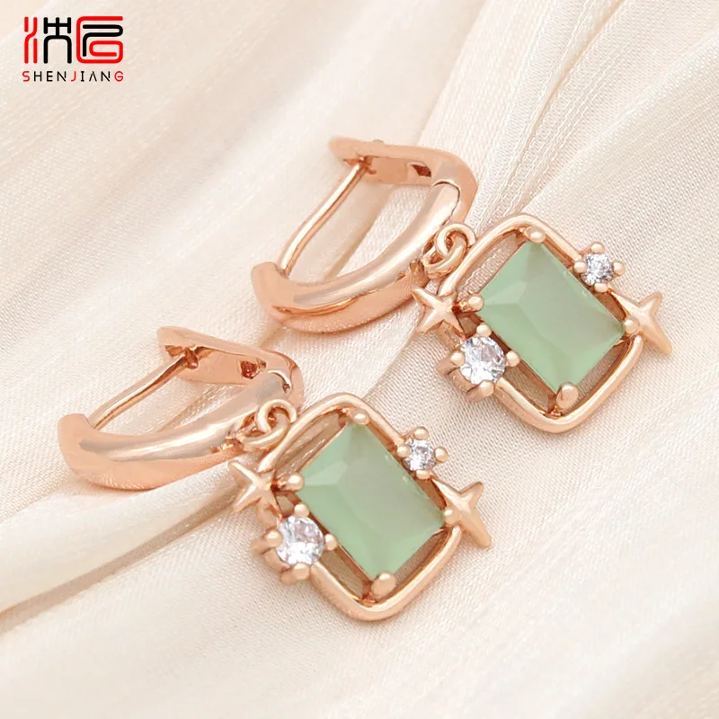 

SHENJIANG New Fashion 585 Rose Gold Elegant Rectangle Crystal Drop Earrings For Women Temperament Jewelry Zirconia Eardrop Gift