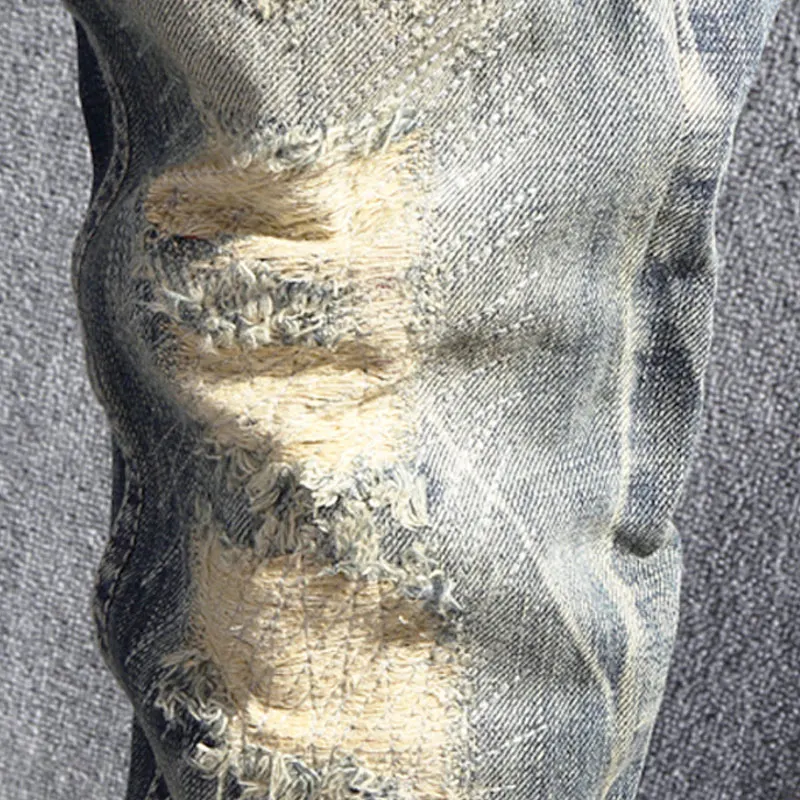 Fashion Vintage Men Jeans Retro Slim Fit Ripped Jeans Men Hole Trousers Embroidery Patched Designer Casual Denim Pants Hombre