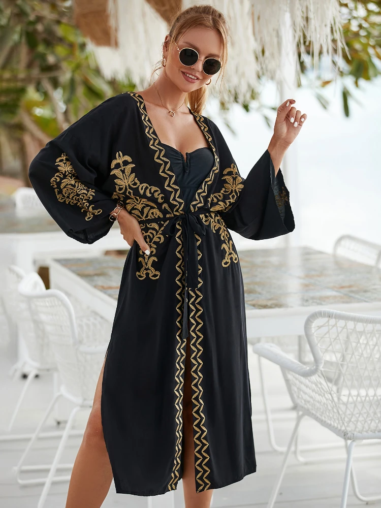 

Beach Cover Up Gold Embroidery Black Kimono Tunic Side Split Belted Wrap Dresses Rayon Seaside Holiday Swimwear Top Quality