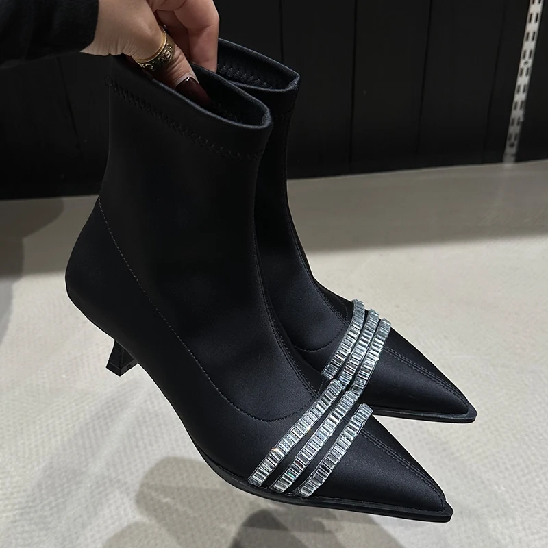 

New Shoes Female Heels Footwear Modern Stretch Boots Ladies Crystal Shoes Fashion Rhinestones Elastic Ankle Boots For Women
