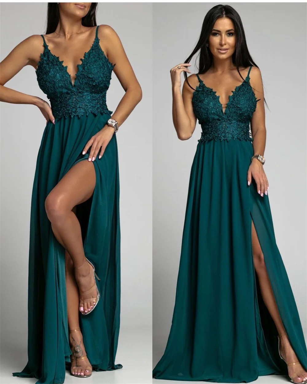 Sexy Women V-neck Maxi Dress 2023 New in Satin Applique Spaghetti Long Dress Elegant Prom Party Graduation Dresses