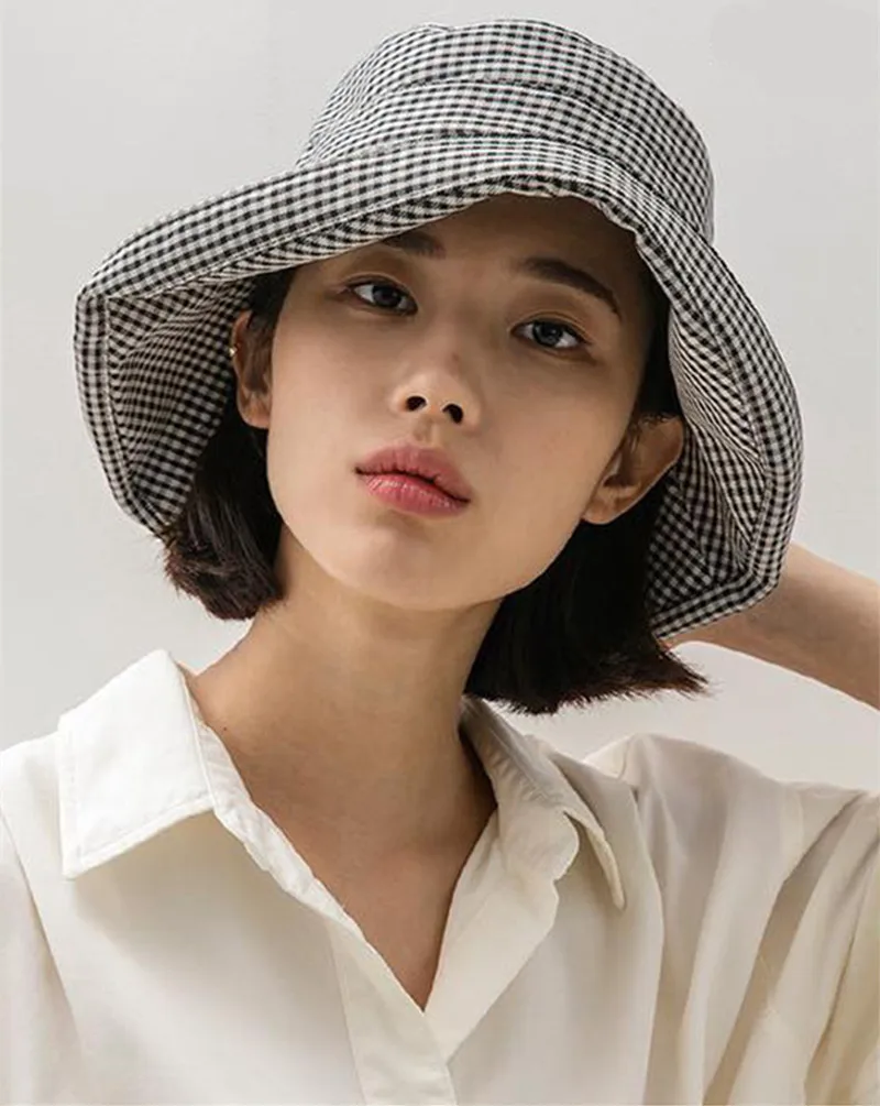 

Summer Wide Brim Checked Bucket Hat for Women Girls Flodable Sun Beach Fisherman Cap Cotton Ladies Spring Outdoor Visor Hat