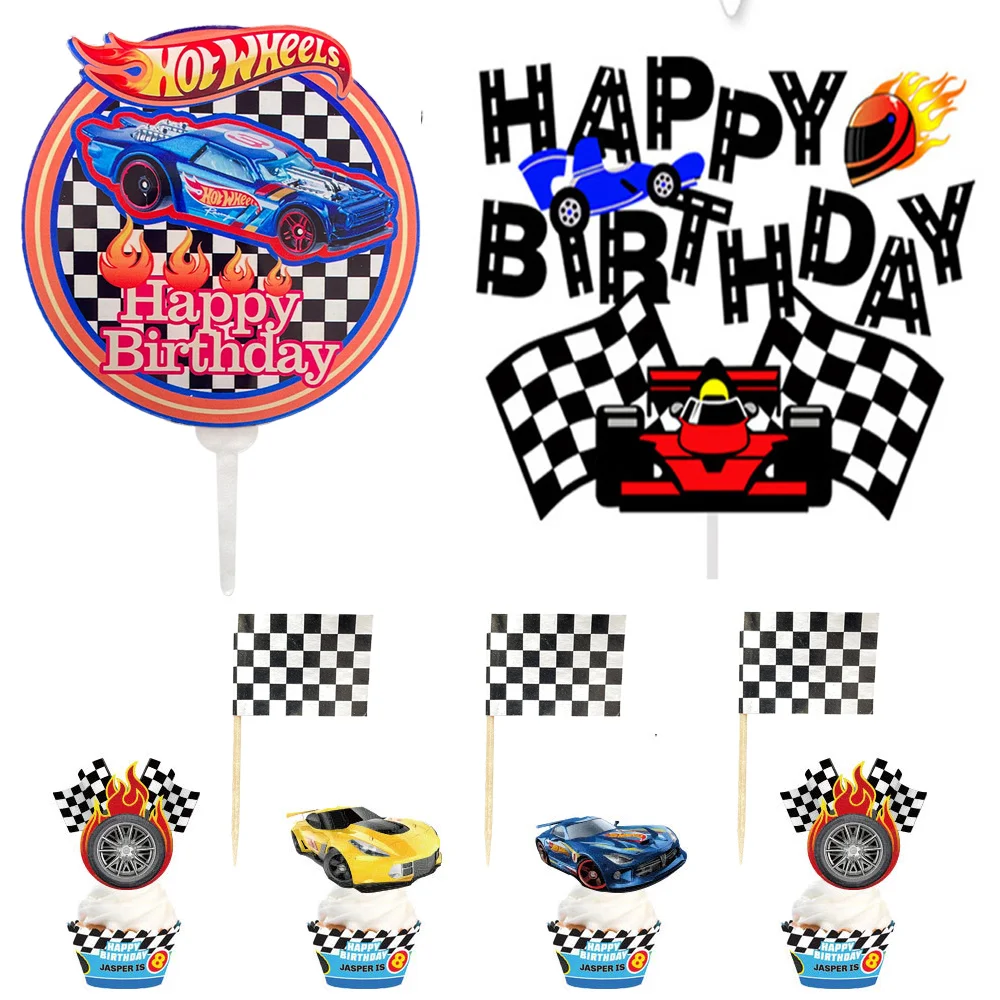 

Racing Car Themed Birthday Party Cake Topper Sign Decorations Boys Favors Black and White Checkered Flag Race Party Supplies