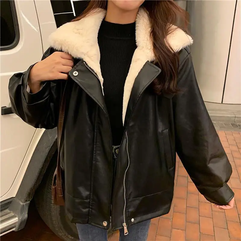 Lamb Leather Jacket Women PU Leather Jacket Thicken Coats Winter Jacket Women 2022 Warm Women's Coat Korean Heavy Jackets Women