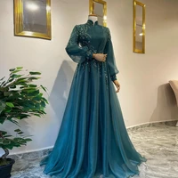 elegant teal long sleeve muslim formal dresses 2022 a line tulle lace beaded arabic prom evening gowns for women robe de mari%c3%a9e