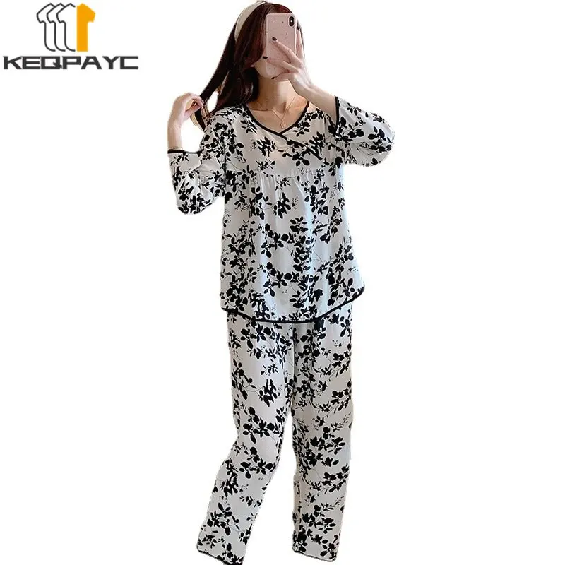Women's Pajamas New 2023 Spring Autumn Long Sleeve Thin Sleepwear Pyjamas Women Plaid Floral Casual Nightwear Clothing Sets