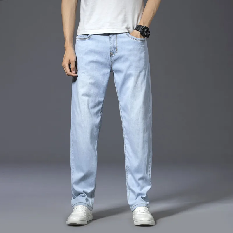 2022 Summer New Business Casual Light Blue Jeans Comfortable and Soft High-quality Cotton Stretch Men's Straight Brand Trousers