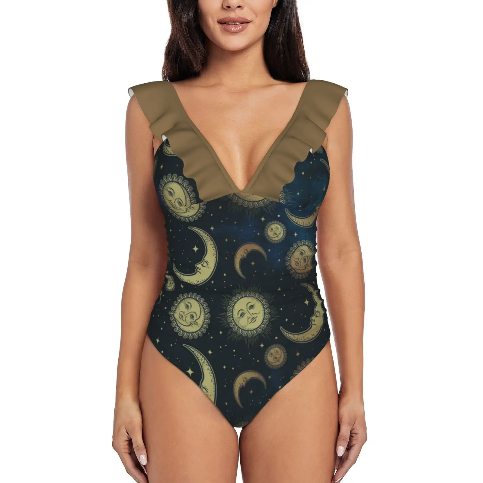 

Ретро Солнце Луна и звезды винтажный Небесный ночной купальник с оборками женский цельный купальник Монокини