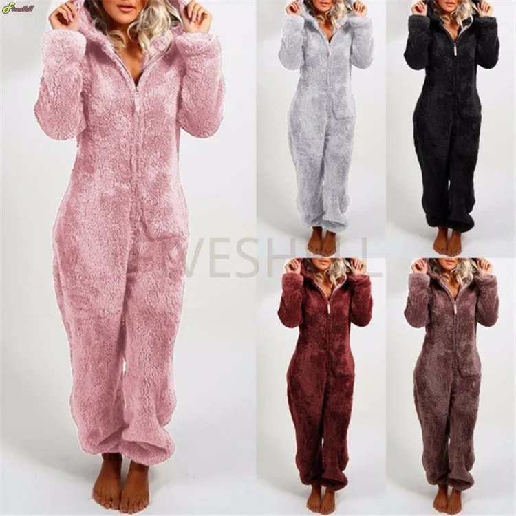 

Winter Warm Pyjamas Women New Year Fluffy Fleece Jumpsuits Sleepwear Overall Hood Sets Furry Sherpa Romper Pajamas For Women