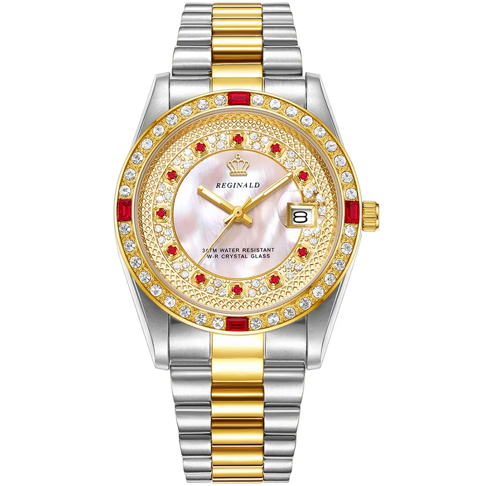 Фото Fashion Reginald Top Brand Diamonds Gold Watch Men Pearl Style Dial Full Stainless Steel Quartz Silver Date Wrist Relojrelogio №1