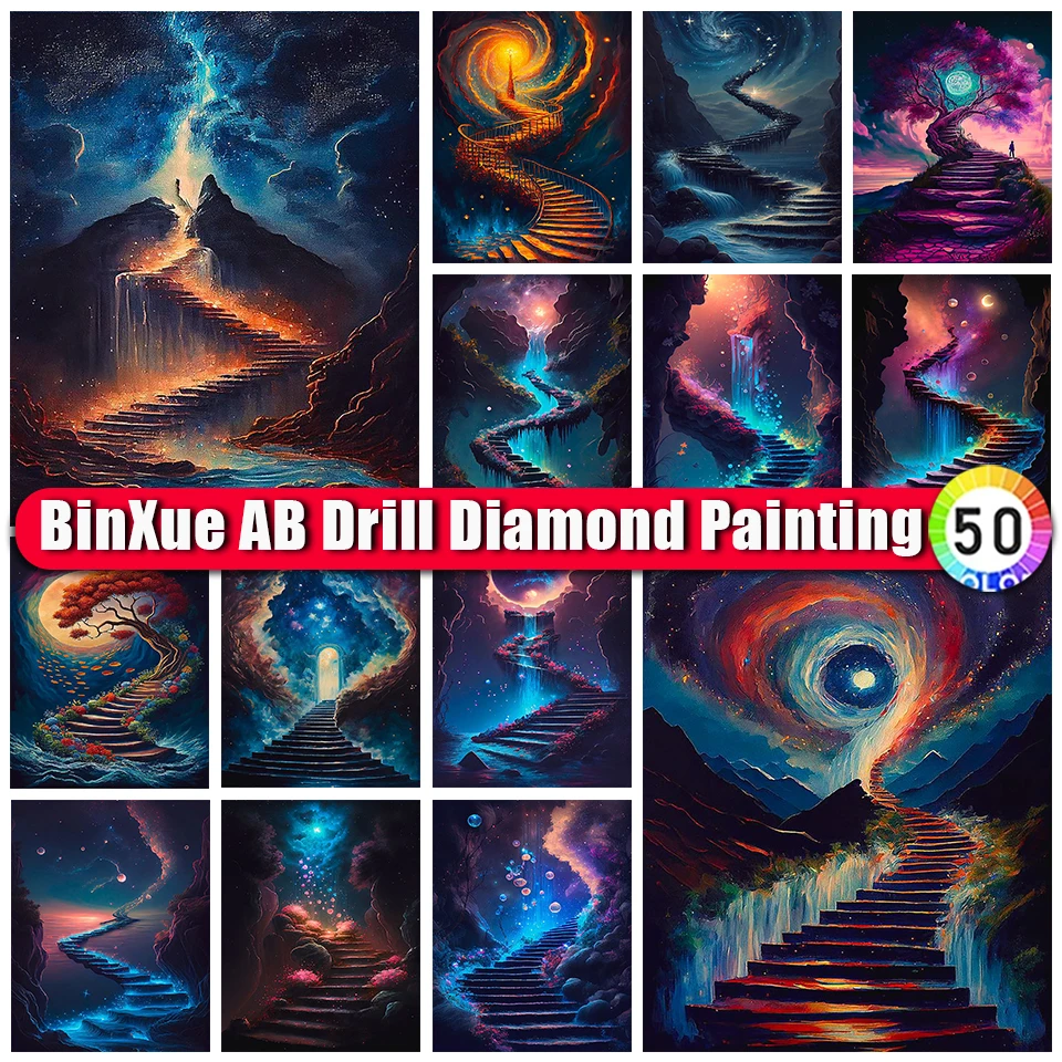 

BinXue 2023 New Scenery Ladder AB Diamond Painting Universe Star Cross Stitch Flowers Trees Handmade DIY Mosaic Art Home Decor