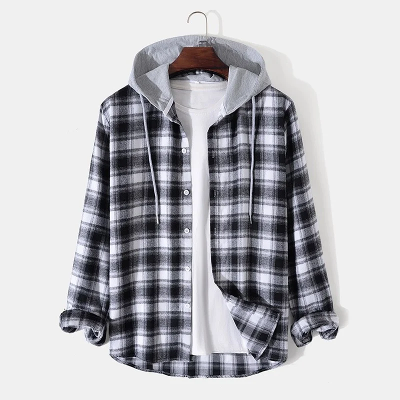 

Men Clothing 2022 Autumn New Men's Shirt Fashion Casual Hooded Long-sleeved Plaid European American Camisas Para Hombre