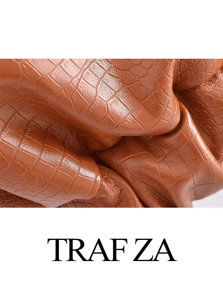 TRAF ZA Womens Pu Leather Jacket Crocodile Pattern Pocket Button Lapel Long Sleeve Coats Fashion Female Punk Vintage Jackets