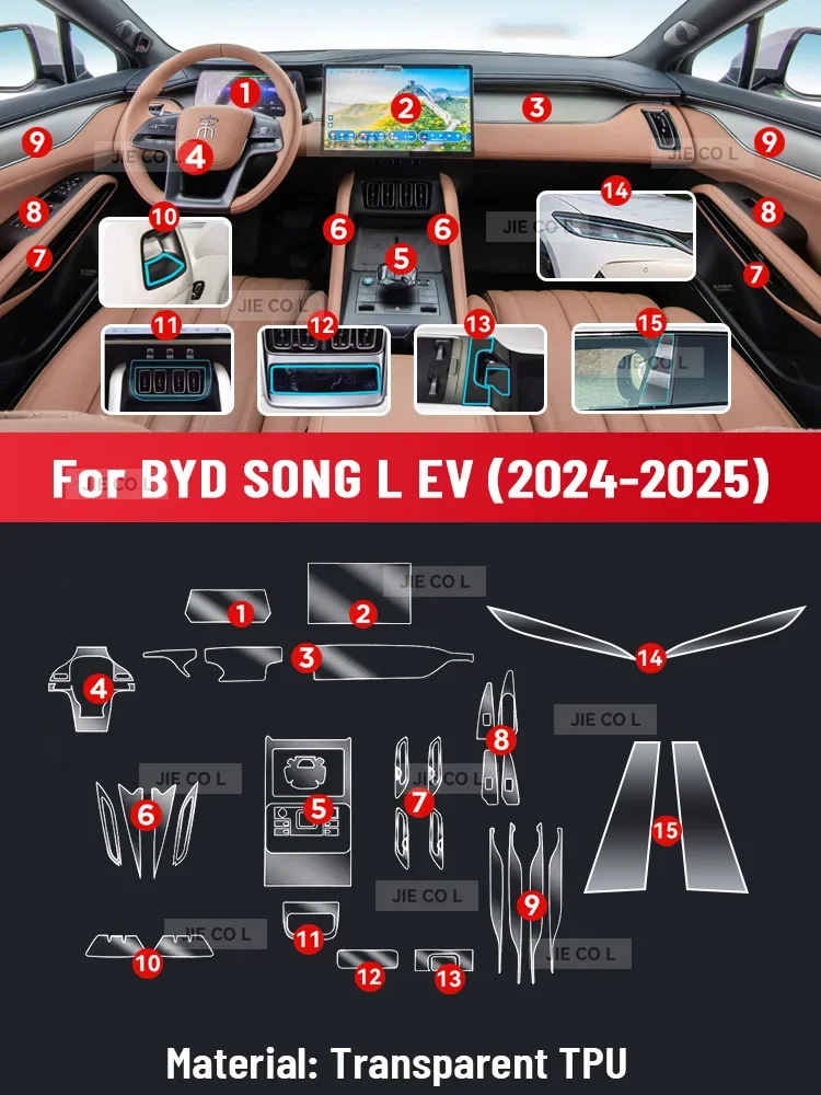 

Салон автомобиля с защитой от царапин для BYD SONG L EV 2024 2025, центральная консоль, медиа-приборная панель, навигация, защитная пленка из ТПУ, аксессуары