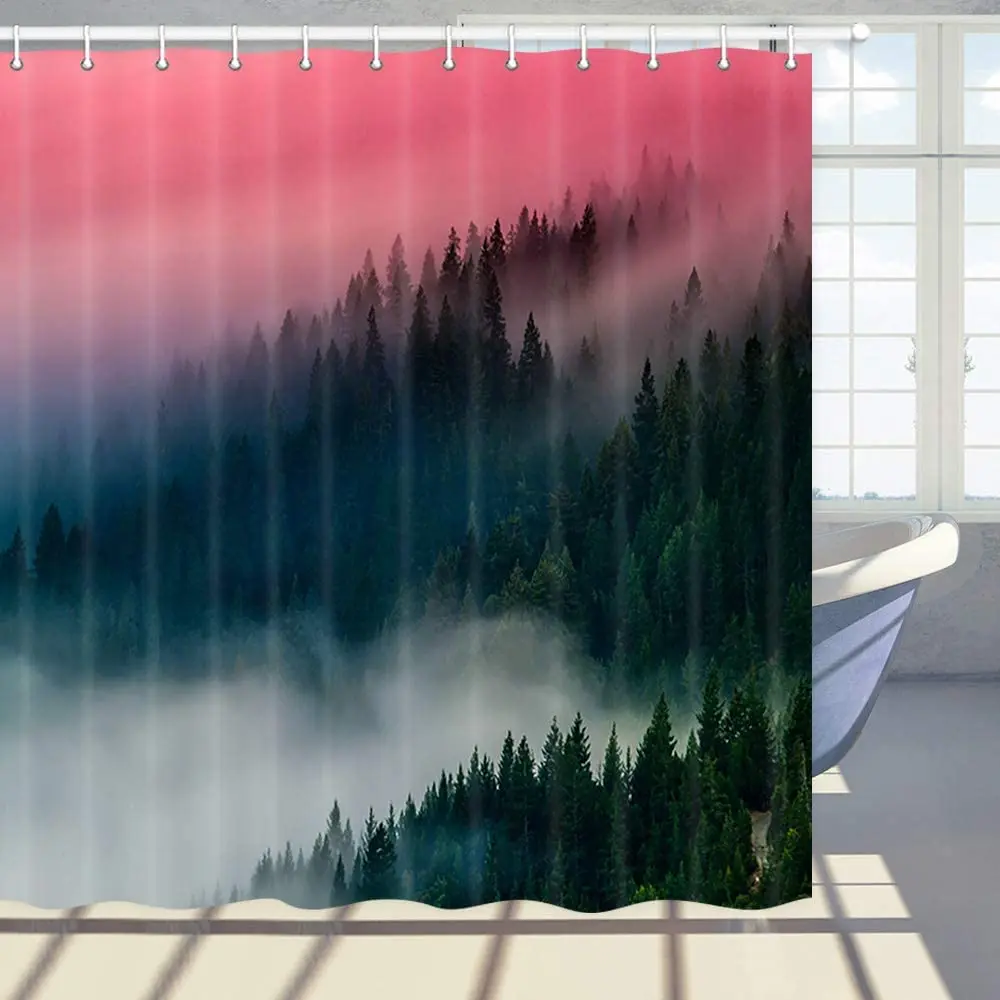 

Nature Landscape Shower Curtain Trees on Mountain Scenery with Mist Polyester Fabric Bath Bathroom Curtains Set with Hooks