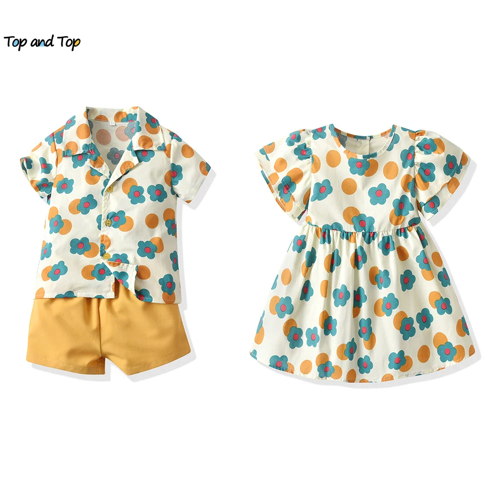 

top and top Summer Fashion New Kids Boys and Girls Matching Outfits Hawaiian Print Style Toddler Boy Casual Outfit+Tutu Dress
