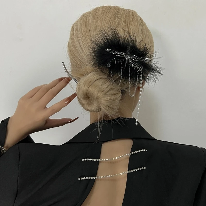 

Feather Dragonfly Shape Hair Pins Pearl Tassel Hair Sticks Chinese Style Hair Pin Hairstyle Chignon for Woman Girls G5AE