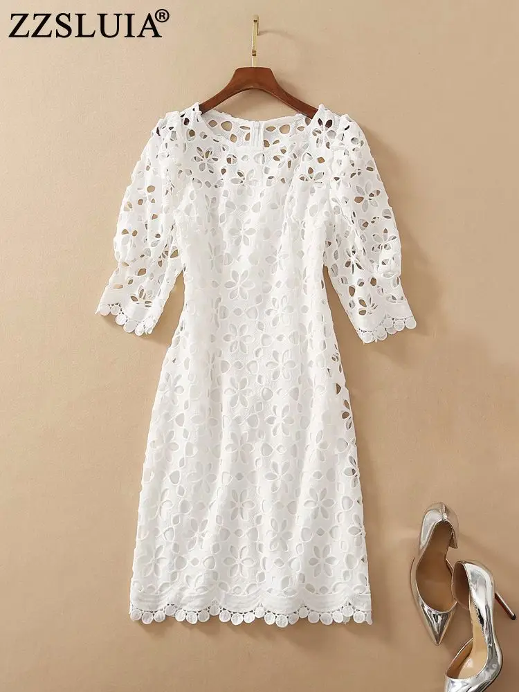

ZZSLUIA Vintage Dresses For Women Heavy Hollow Out Designer Solid Slim Elegant Dress Fashion Puff Sleeve One Piece Female Cloth