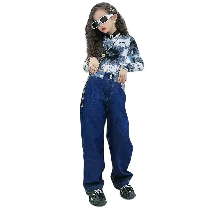 

Childrens Clothing Set Spring Autumn New Girls Pullover Top + Denim Trousers 2pcs Kids Korean Tie-dye T-shirt Suit 8 10 12 14 Y