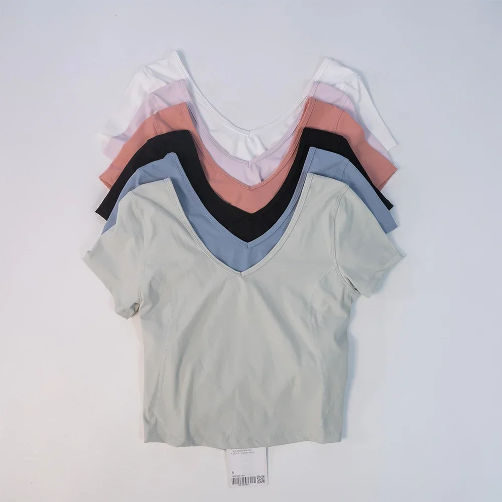 

Lulu Shirts Sexy Backless Sports Tops Women Fitness Sportswear Crop Tops Gym Clothing Yoga Wear Shorts Sleeve for Summer