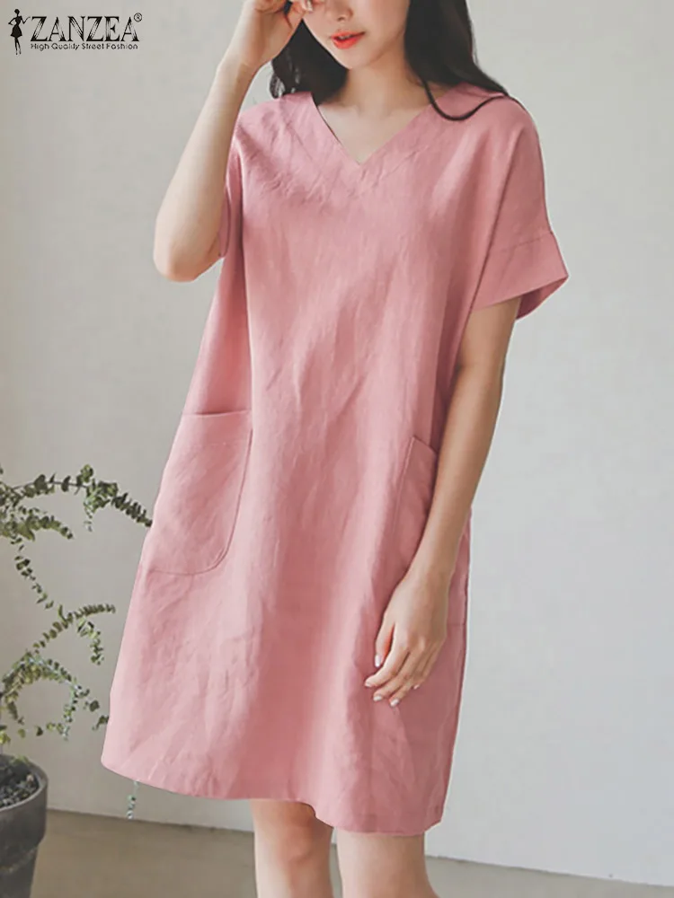 

ZANZEA Summer Sundress Women Vintage Casual Solid Knee-length Dress Loose V Neck Short Sleeve Party Vestidos Kaftan Robe Femme
