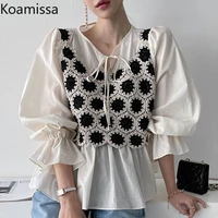 koamissa ruffled women fake two pieces shirt fashion casual loose lady chic blouse long sleeves lace up outer wear tops spring
