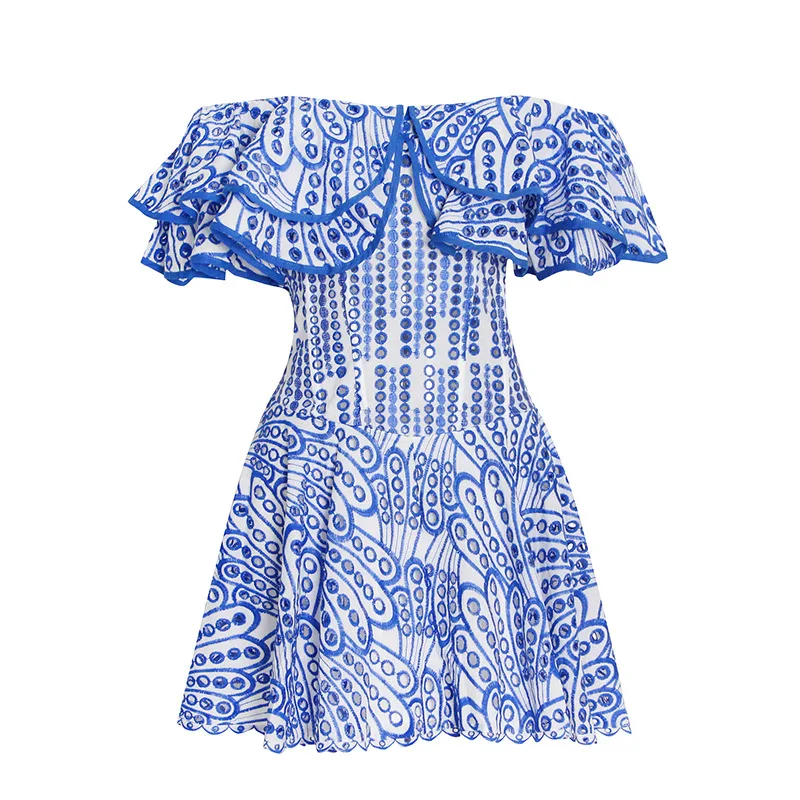 

Мини-платье женское с вырезом лодочкой, облегающее ажурное платье с коротким рукавом, высокой талией, вышивкой и оборками, лето