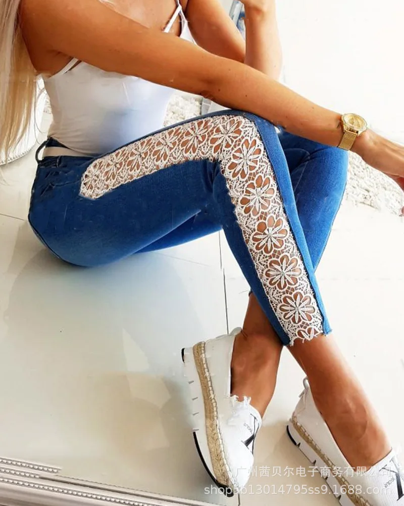 

2022 Spring Summer Women Fashion Lace Stitching Jeans Fashion Casual Blue Slim Skinny Cowboy Pants
