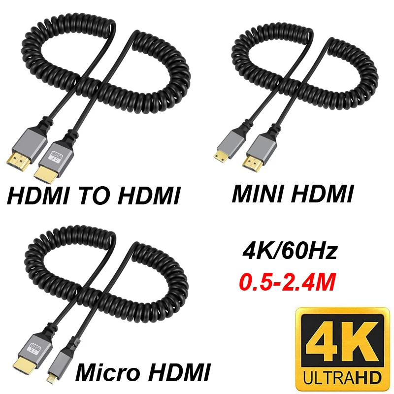 4K@60HZ 0.5-2.4M Compatible HDMI TO HDMI/MINI HDMI/ Micro HDMI/Coiled Extension Flexible Spiral   Cable Male to Male Plug Cable