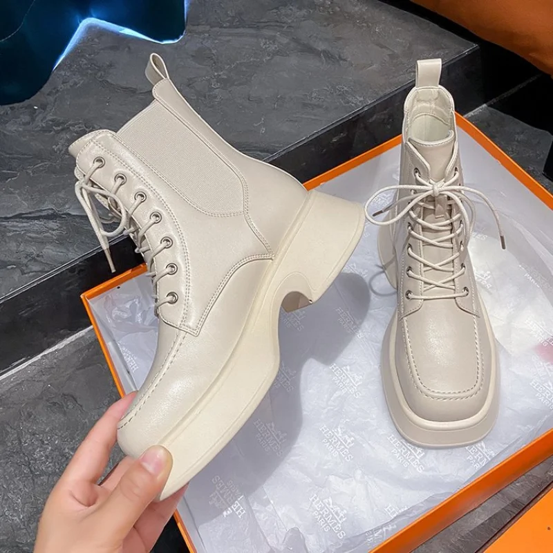 2023 Women's Shoes Lace Up Boots Women Flat Heel Fashion Summer  Autumn Rubber Lolita Low Ankle Rock Ladies Cross-tie 35-40