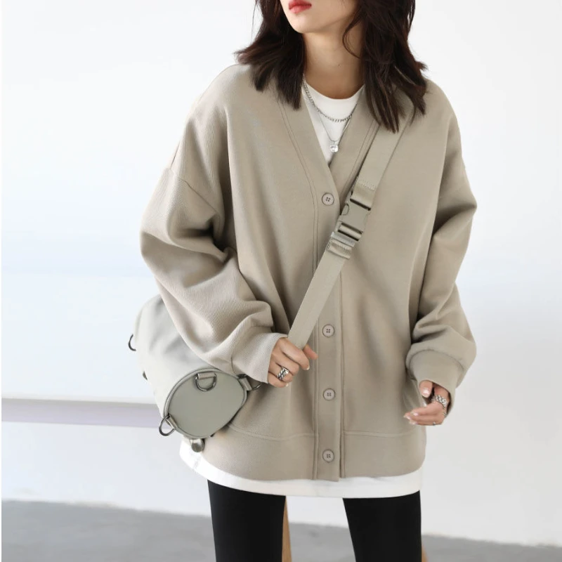 

Korean Fashion Cardigan Autumn Spring Chic Blazer Women's Sports Coat Casual Loose V-neck Sweatshirt for Women Thick Warm Tops