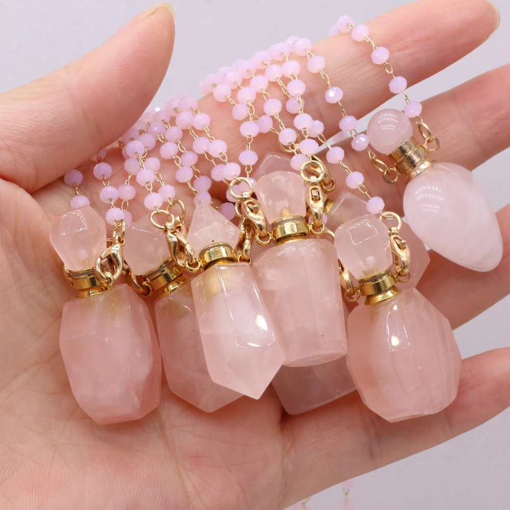 

Натуральные камни розовый кварц флакон духов подвески ожерелье розовые кристаллы цепи ожерелья для женщин роскошные качественные ювелирн...