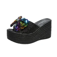 new large size 43 slippers womens fashion sequin bow high heel sandals sexy platform sandals womans shoes flip flops women