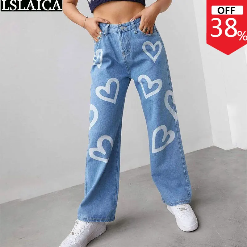 

Новинка, корейские модные джинсовые брюки для женщин, высокая талия, уличная одежда с принтом Love, элегантные брюки Deniam, весна-лето 2022, Pantalones