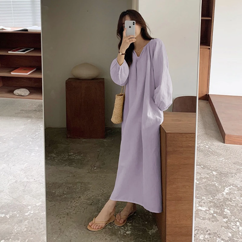 QWEEK Cotton Sleepwear Korean Style Long Woman Nightgown Basic&Casual Nightie Summer Breathable Soft Loungewear Negligee