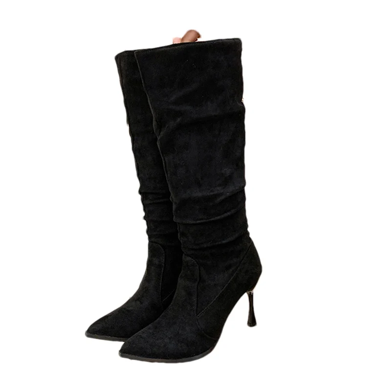 Замшевые женские высокие сапоги с острым носком плиссированные дизайнерские