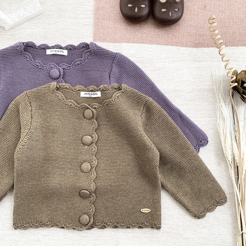 

Autumn And Winter Girls Clothing Children's Sweater Baby Round Neck And Hook Cardigan Thickened Vintage Coat Cute Soft Pullover