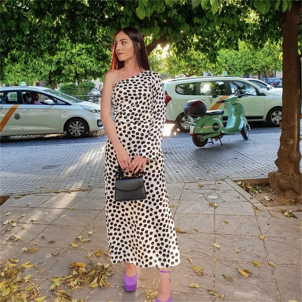 

BM&MD&ZA 2023 new summer asymmetrical one-sided long-sleeved polka-dot print dress Vestidos Mujer