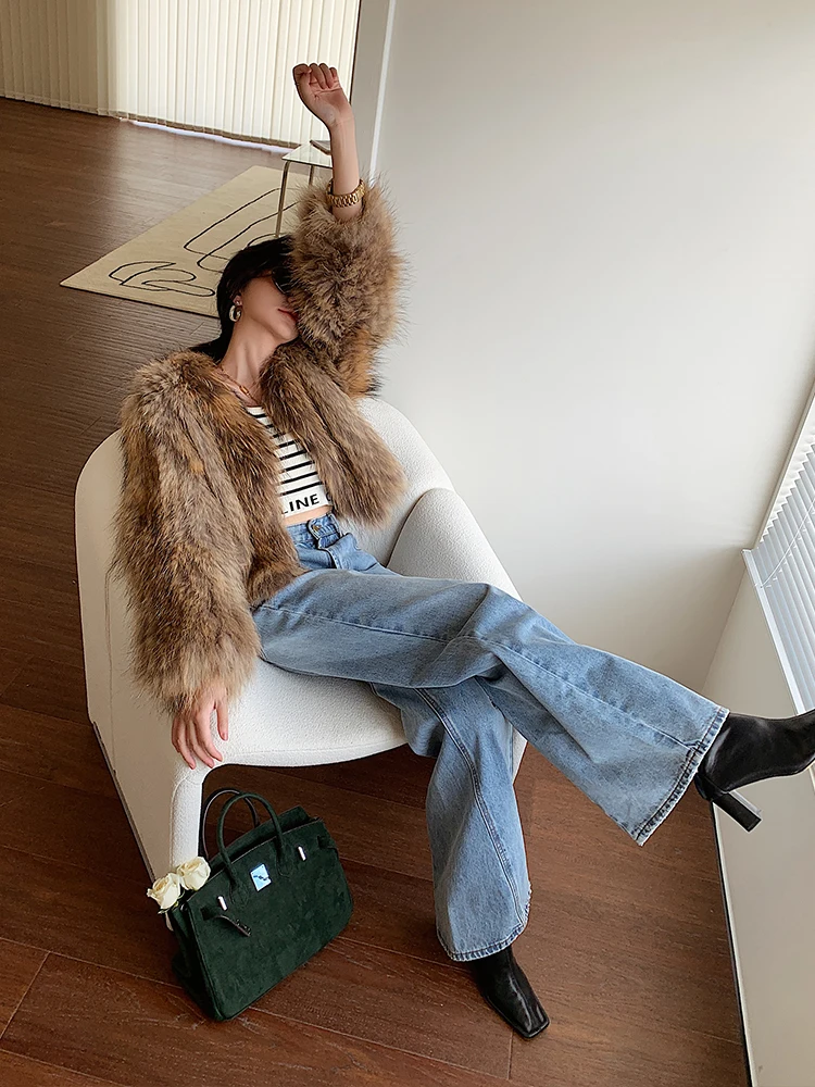 Ins Raccoon Fur Woven Real Fur Coats and Jackets Women Women's Ultra-short Winter New Real Fur Coat Women Streetwear Women