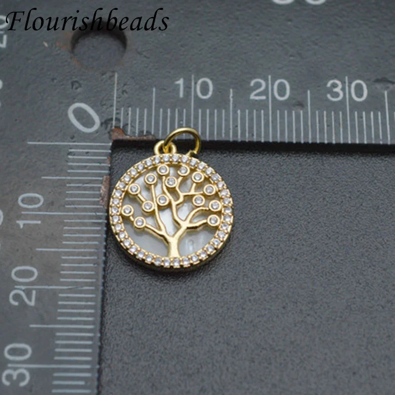 10pc/lot Wholesale Gold Plated Natural Rainbow White CZ Pave Copper Round Life Tree Mother of Pearl MOP Shell Charms Pendants