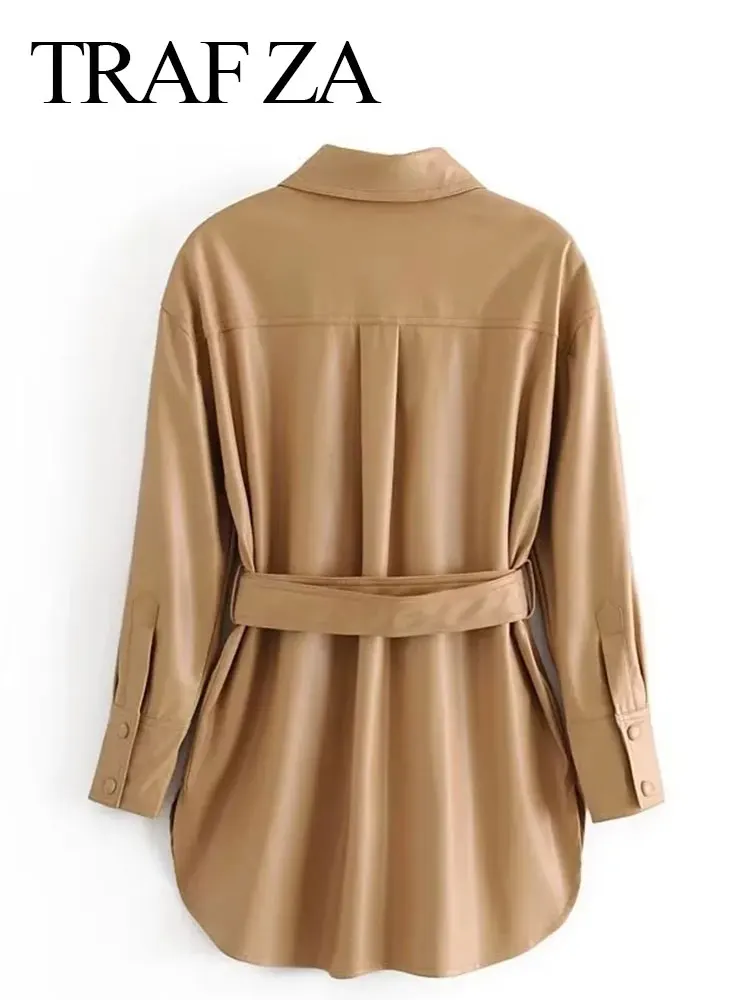 TRAF ZA Autumn Women's Pu Faux Leather Jacket Solid Vintage Button Belt Slim Coat Casual Fashion Female Fleece Warm Outerwear