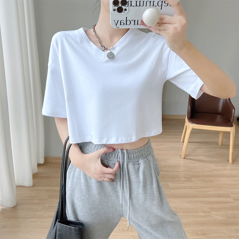 

Short Blouse v-neck t-shirt short-sleeved 2023 new style loose Korean version half-sleeved high waist exposed navel white