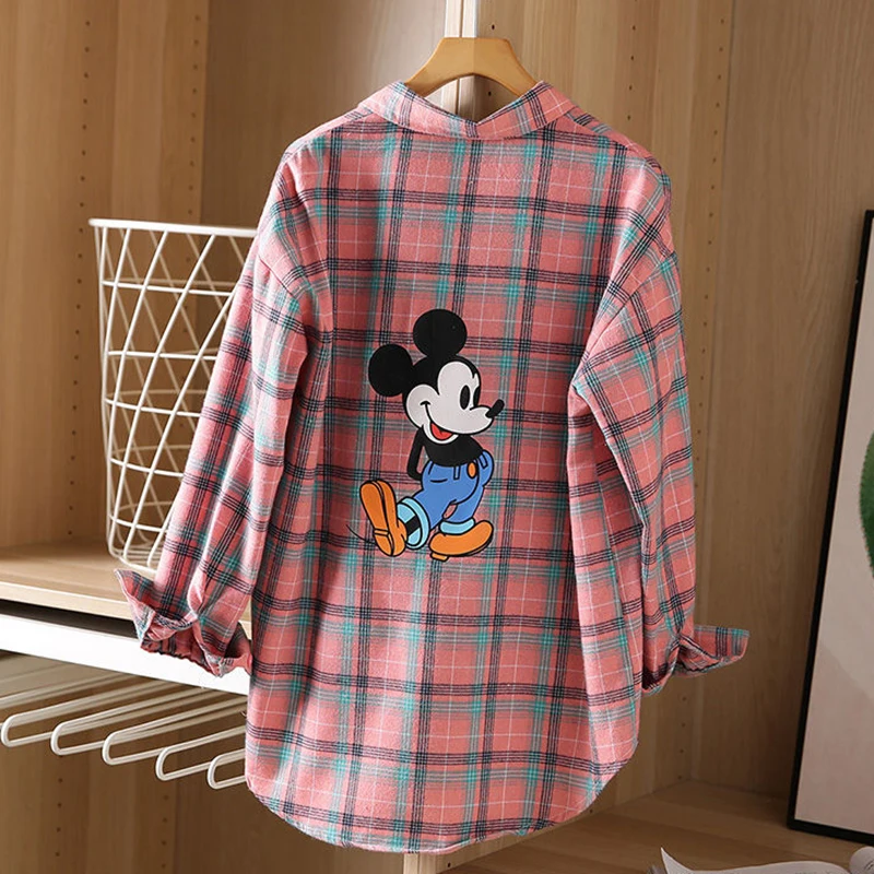 

Women Plaid Shirt Mickey Mouse Loose Blouse Button Long Sleeve Cartoon Print Casual Autumn Vintage Streetwear Shirts Tops Blusas