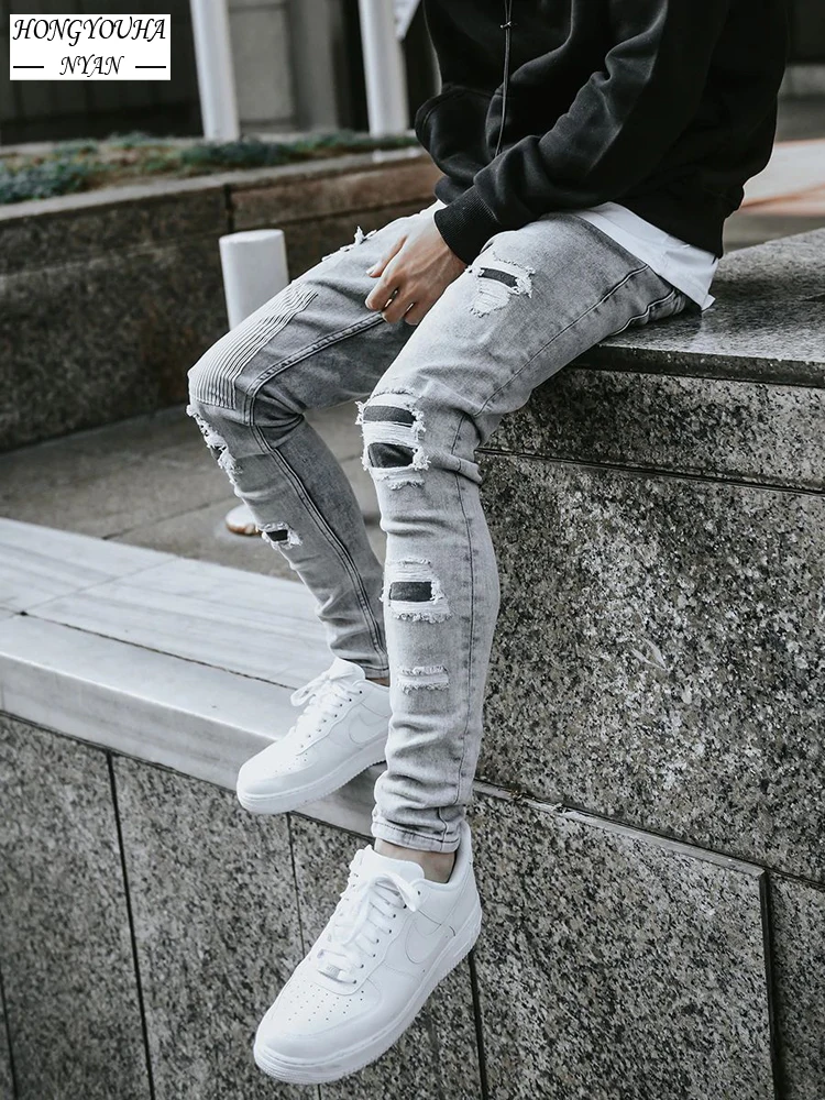 Streetwear Man Slim Patchwork Beggar Patch Ripped Jeans Moto Biker Fashion Pencil Pants Male Denim Trousers Casual Jeans for Men