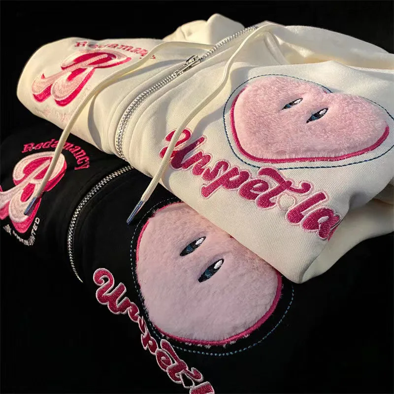 

High Quality Heart Embroidered Ins Y2K Zipper Vintage Women's Hoodies&Sweatshirt Loose Oversized Harajuk High Street Streetwear