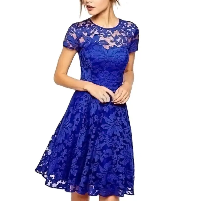 

Elegant Summer Women Full Lace Dress Banquet Wedding A Line Slim Knee-length Dress Female Short Sleeve High Waist Clothing Party